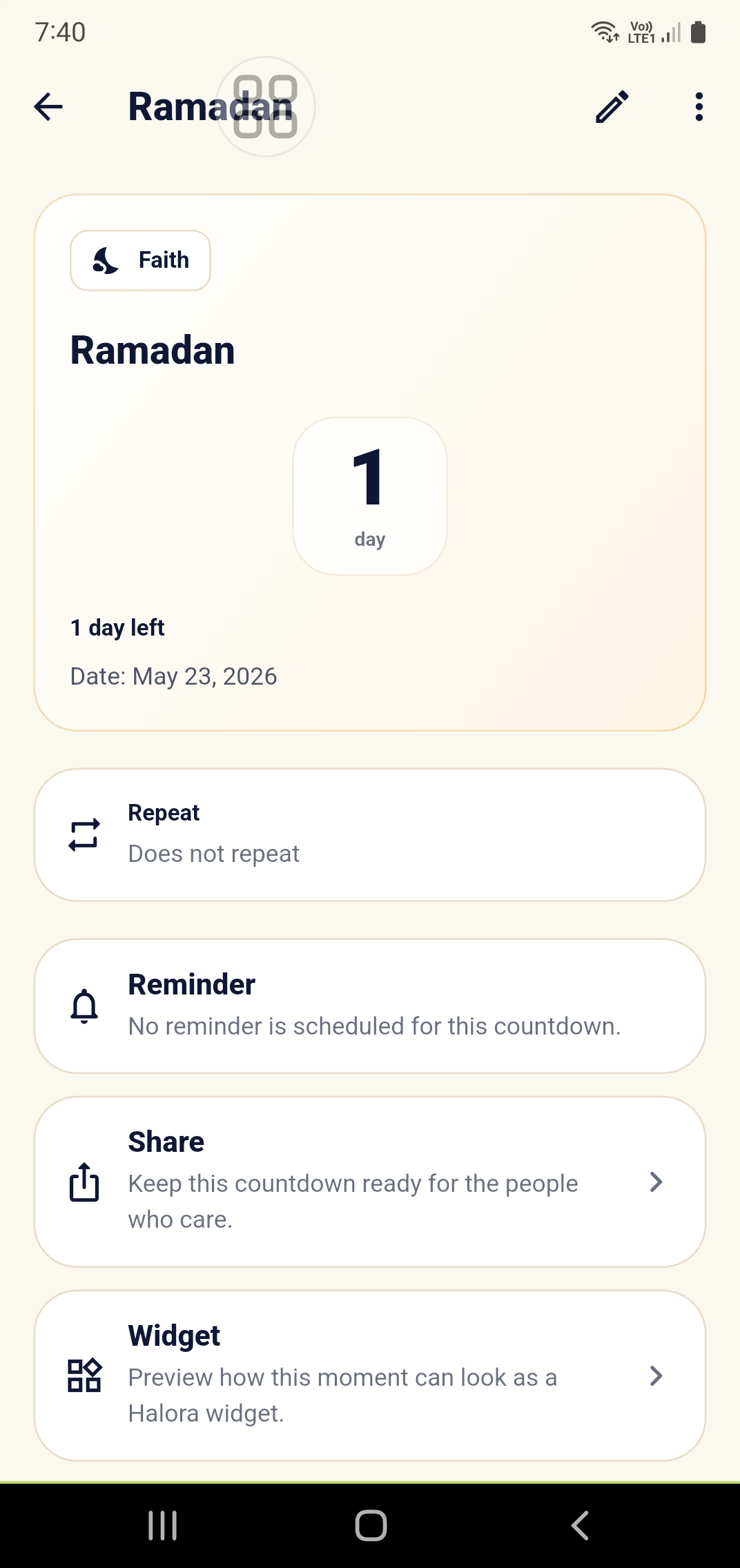Halora countdown detail screen for Ramadan