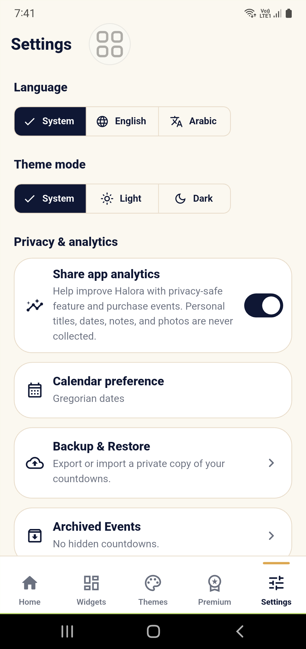 English settings screen