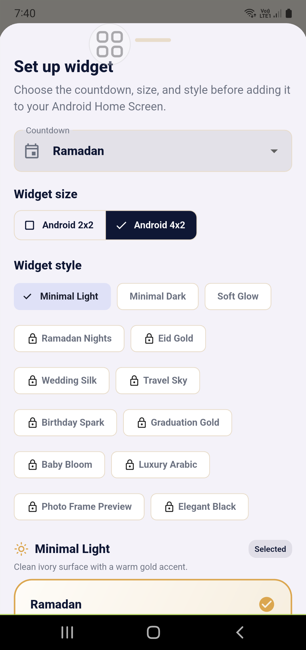Halora widget setup screen
